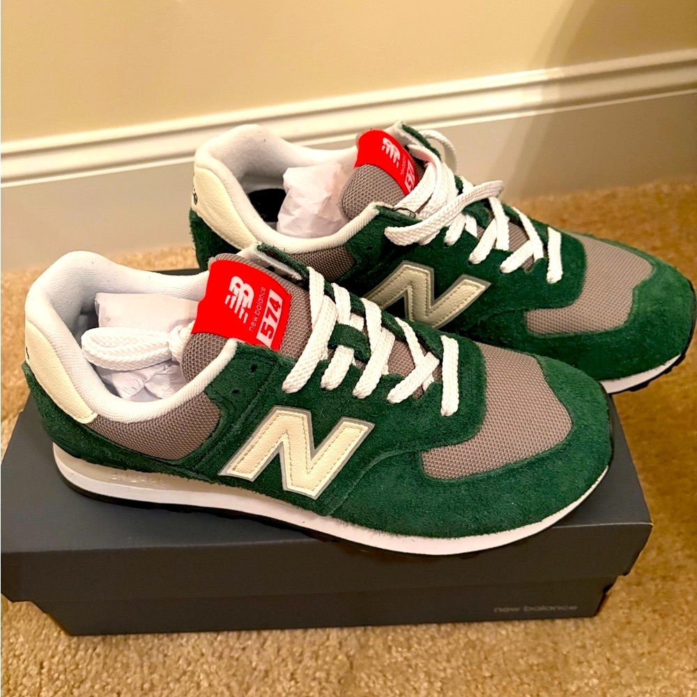 New Balance Green Gray White Sneakers with Red Tongue Tag